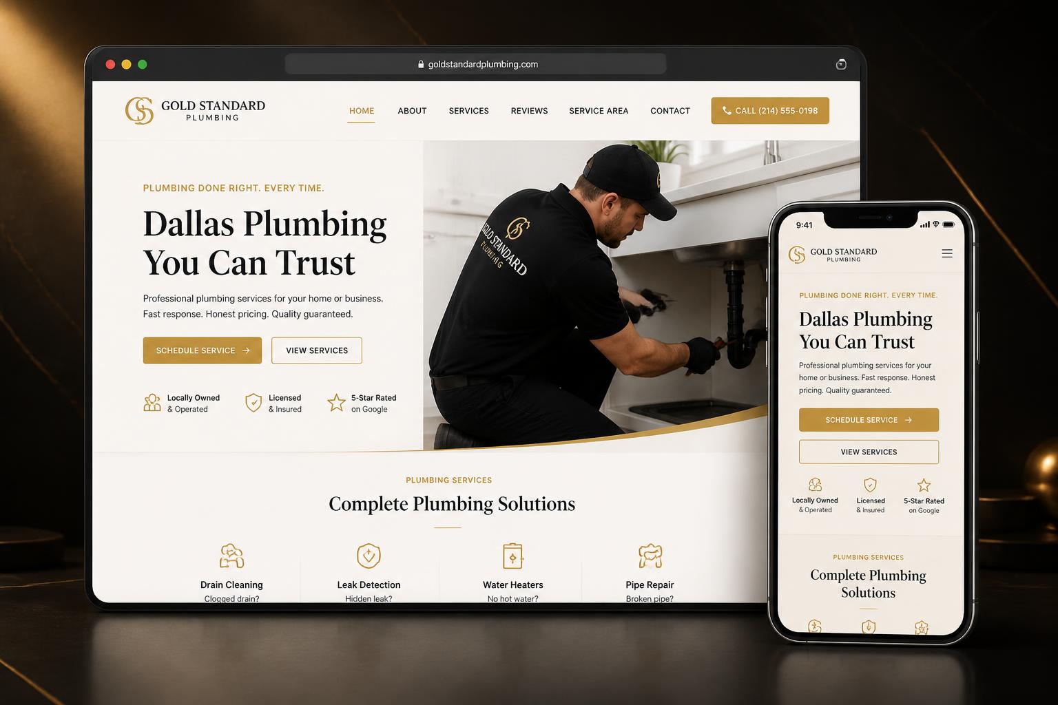Professional small business website mockup shown on desktop and mobile